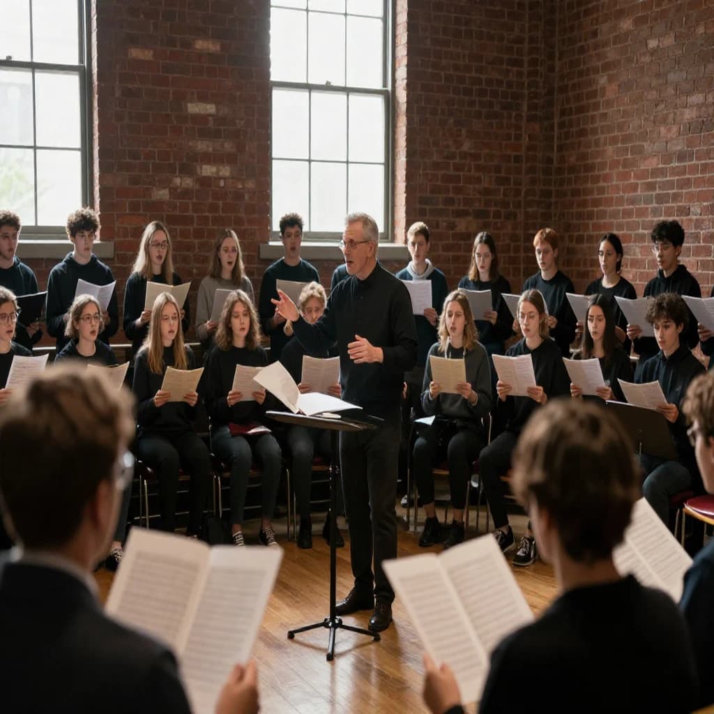 A choir rehearses in a brick hall as somewhat dramatic morning light falls through high windows, with a patient conductor mid-gesture, open scores, intent faces, slight motion blur.