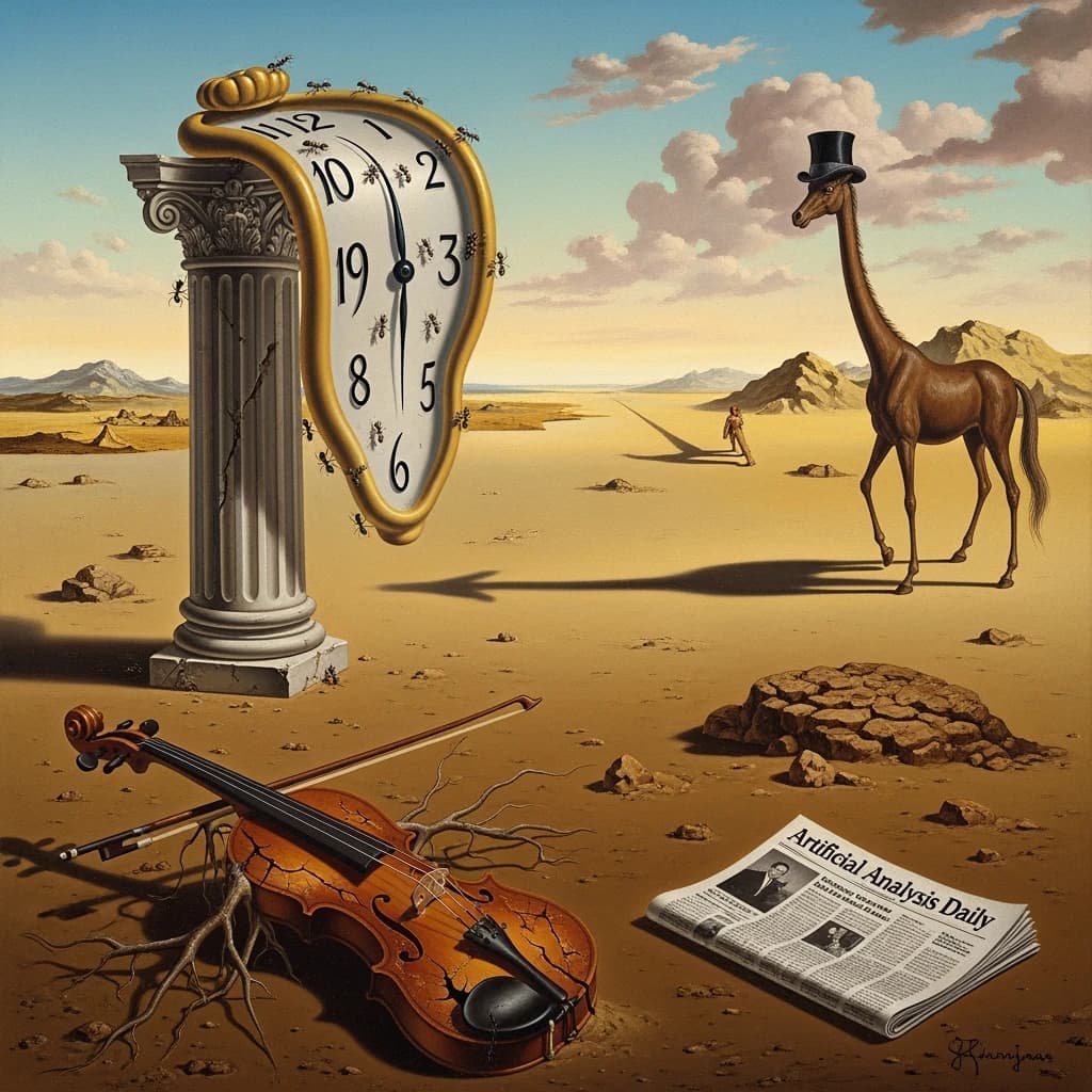 A vast desert plain stretches endlessly under a sky streaked with pale pink and ochre clouds. In the center stands a colossal clock, its face drooping and melting over the edge of a broken marble column. Ants swarm across its warped surface, glinting in the harsh sunlight. To the right, a horse with a giraffe like neck wearing a top hat strides toward the horizon, its shadow stretching miles across the sand. A cracked violin lies half-buried in the foreground, strings snapping outward like veins. Painted in the dreamlike surrealist style. A newspaper named the "Artificial Analysis Daily" lies on the Floor.