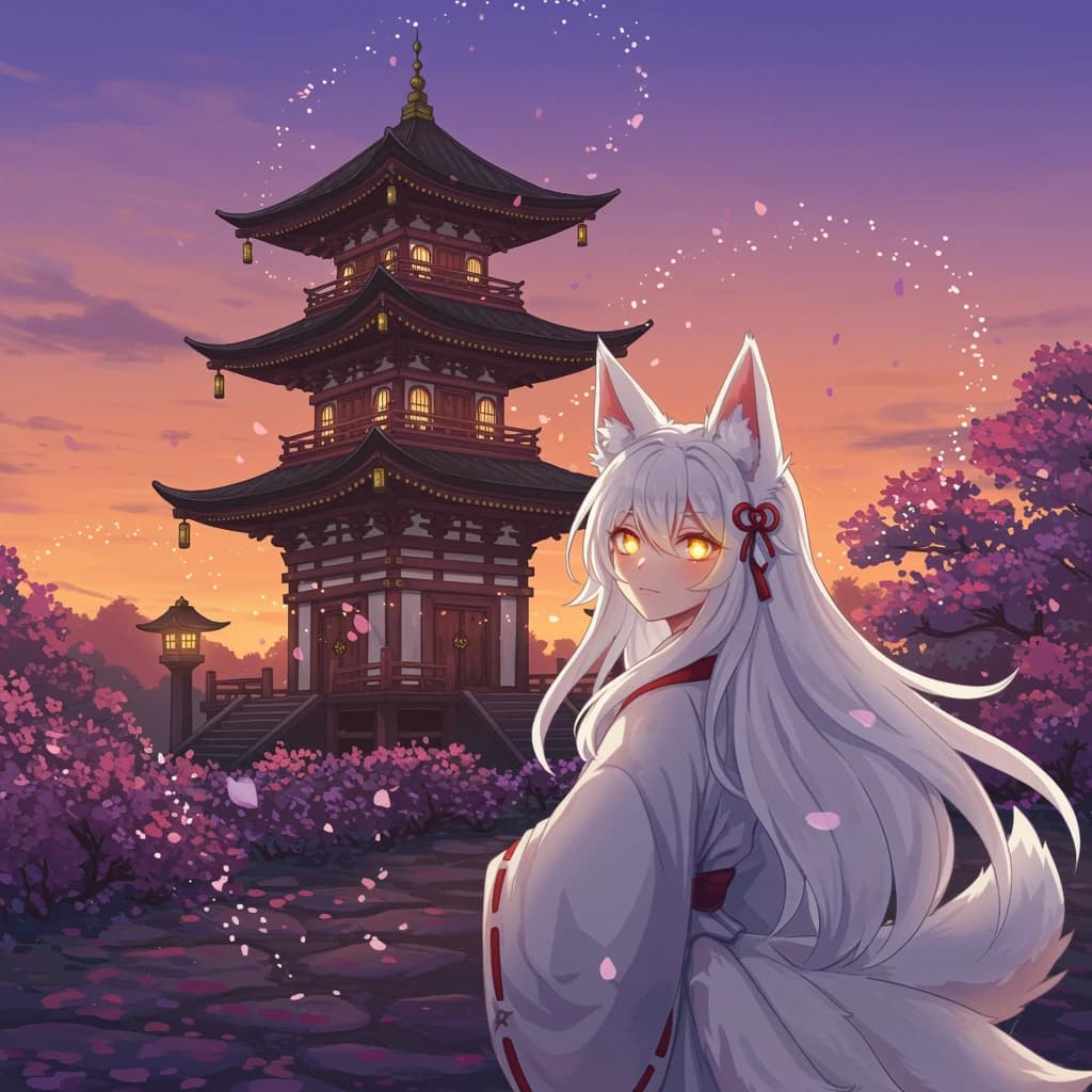 Cel-shaded fox spirit girl, glowing shrine at dusk, soft bloom, sparkly eyes.