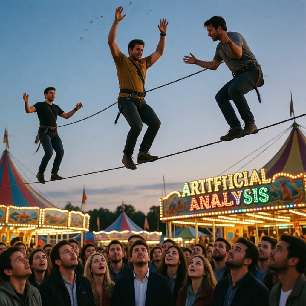 At dusk, high above a carnival crowd, three tightrope walkers balance on a single rope with no aids, one is off balance and grabbing at air. Below, the audience looks upward with baited anticipation. Artificial Analysis is spelled out in the background in carnival lights