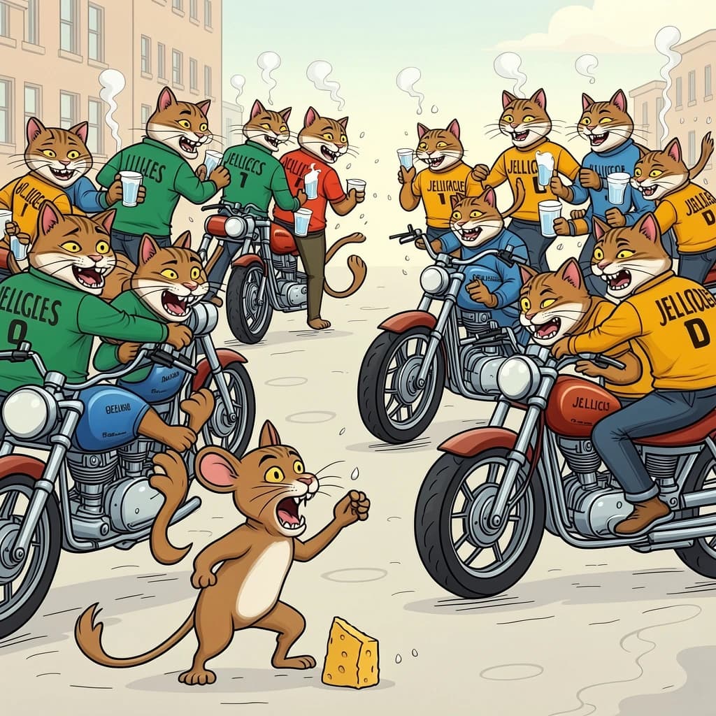 The cartoon rat clenches his thin wedge of cheese and trembles in fear as he hides from the menacing Jellicles, the roaming cat motorcycle gang, all wearing their colors with the name on the back. The cats have all drunk far too much milk and are causing a big ruckus! One cat is close to finding the rat