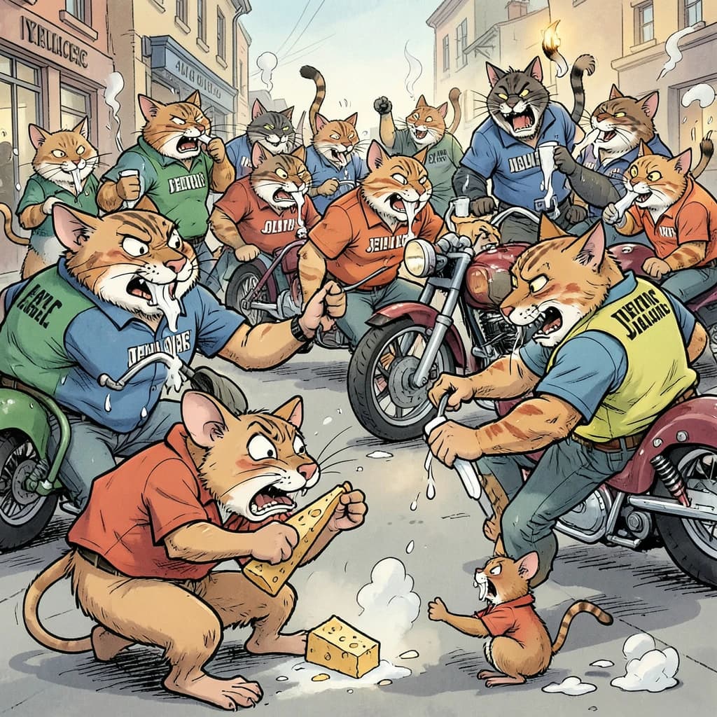The cartoon rat clenches his thin wedge of cheese and trembles in fear as he hides from the menacing Jellicles, the roaming cat motorcycle gang, all wearing their colors with the name on the back. The cats have all drunk far too much milk and are causing a big ruckus! One cat is close to finding the rat
