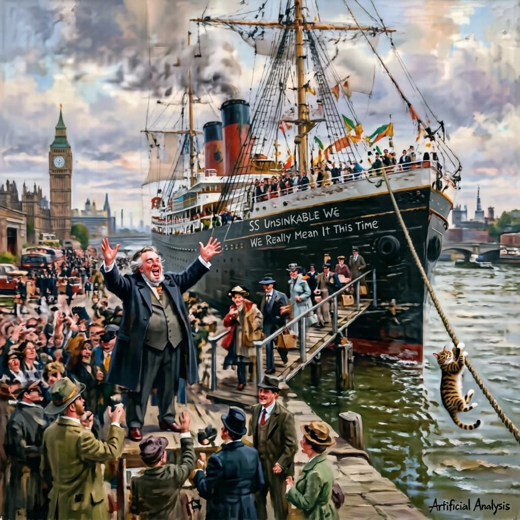 An impressionistic painting of the mighty steamer the "SS Unsinkable We Really Mean It This Time" on a cloudy but bright London morning about to set out on her maiden voyage. A jubilant crowd is gathered on the dock around the paunchy mayor who is making a speech, gesticulating wildly with his hands. The gangways are busy with well heeled ladies and gentlemen making their way onto the ship. A cheeky cat hangs over the water, clinging to the mooring rope after an ill-fated attempt to climb up. The artist has signed his name "Artificial Analysis" in the bottom corner