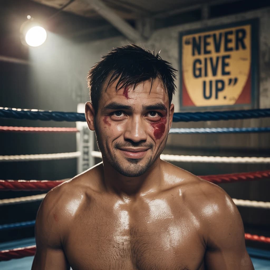 Paint a bruised boxer smiling, serious expression.