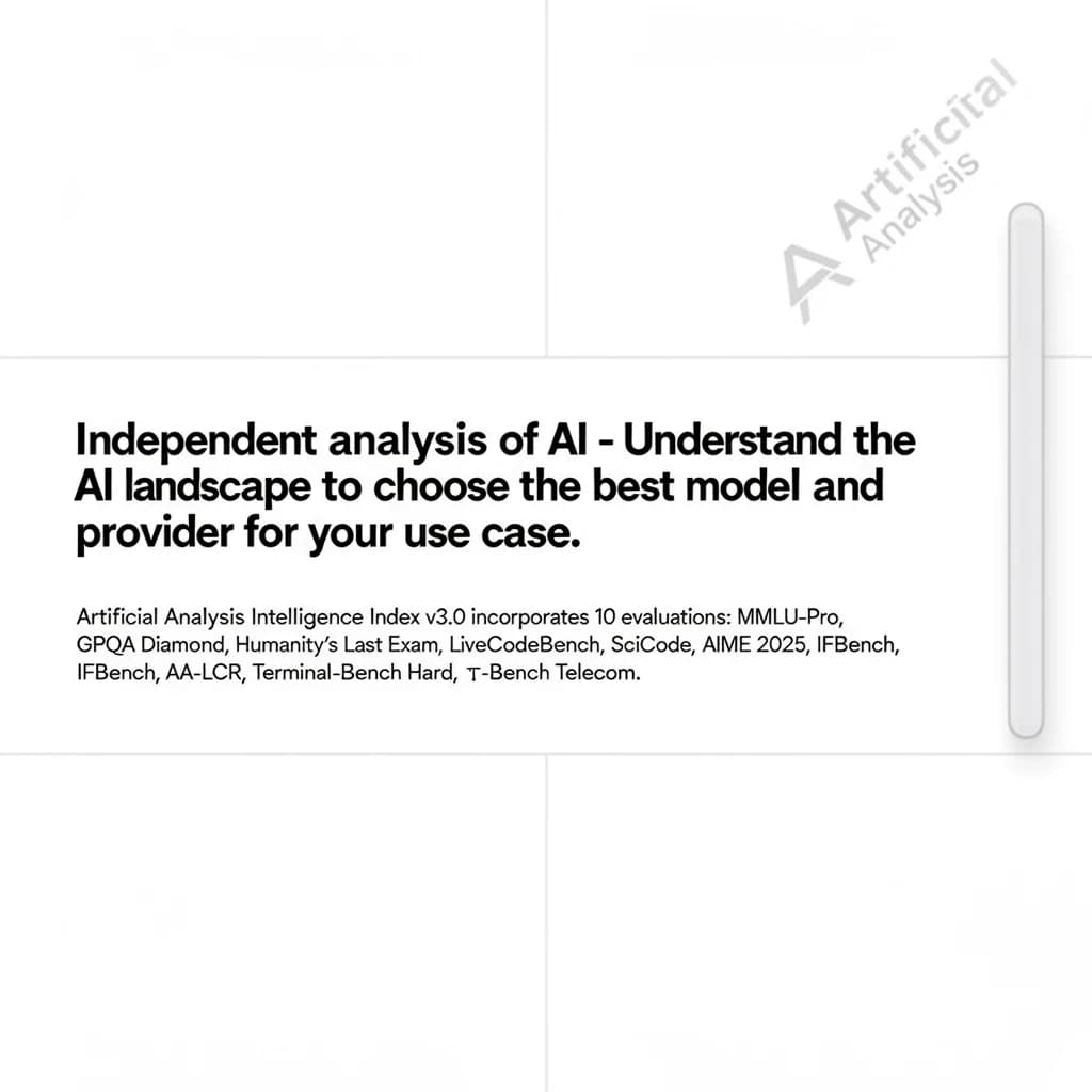 On a white dashboard with thin gray dividers, place a centered header in Helvetica Neue Bold, 20pt: “Independent analysis of AI - Understand the AI landscape to choose the best model and provider for your use case.” Directly beneath, a subheader in smaller Regular weight, 14pt: “Artificial Analysis Intelligence Index v3.0 incorporates 10 evaluations: MMLU-Pro, GPQA Diamond, Humanity's Last Exam, LiveCodeBench, SciCode, AIME 2025, IFBench, AA-LCR, Terminal-Bench Hard, 𝜏²-Bench Telecom.” The header is fully justified but the subheader is left-aligned. In the upper right corner, the Artificial Analysis logo appears watermarked, diagonal, faint gray, partially overlapping the scrollbar.
