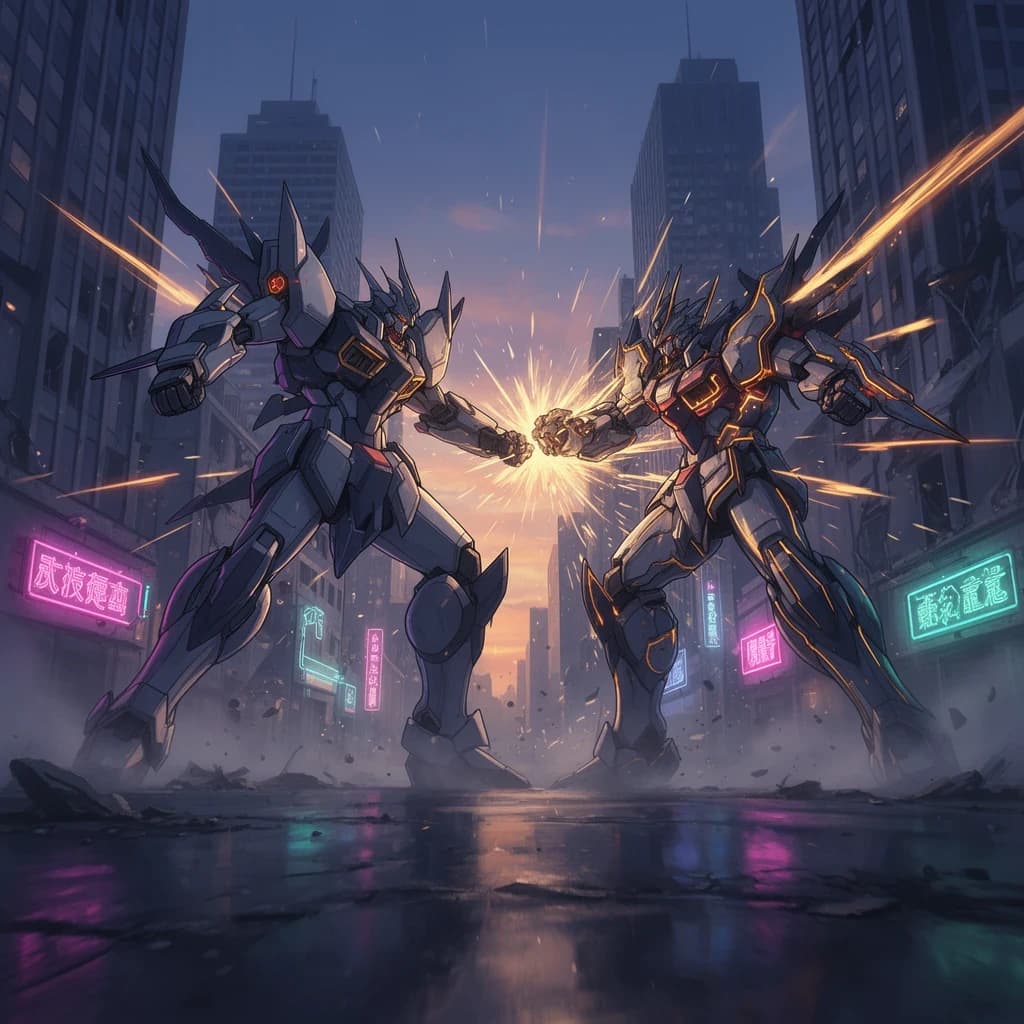 Make a cel-shaded mecha duel at dusk downtown.