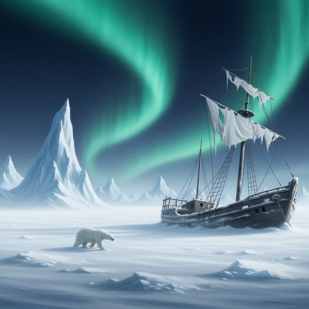 An endless tundra stretches outward, littered with jagged icebergs shaped like cathedral spires. A polar bear trudges across the foreground but leaves no tracks. Auroras ripple overhead. A half-buried shipwreck juts from the snow — sails billowing despite the still air.