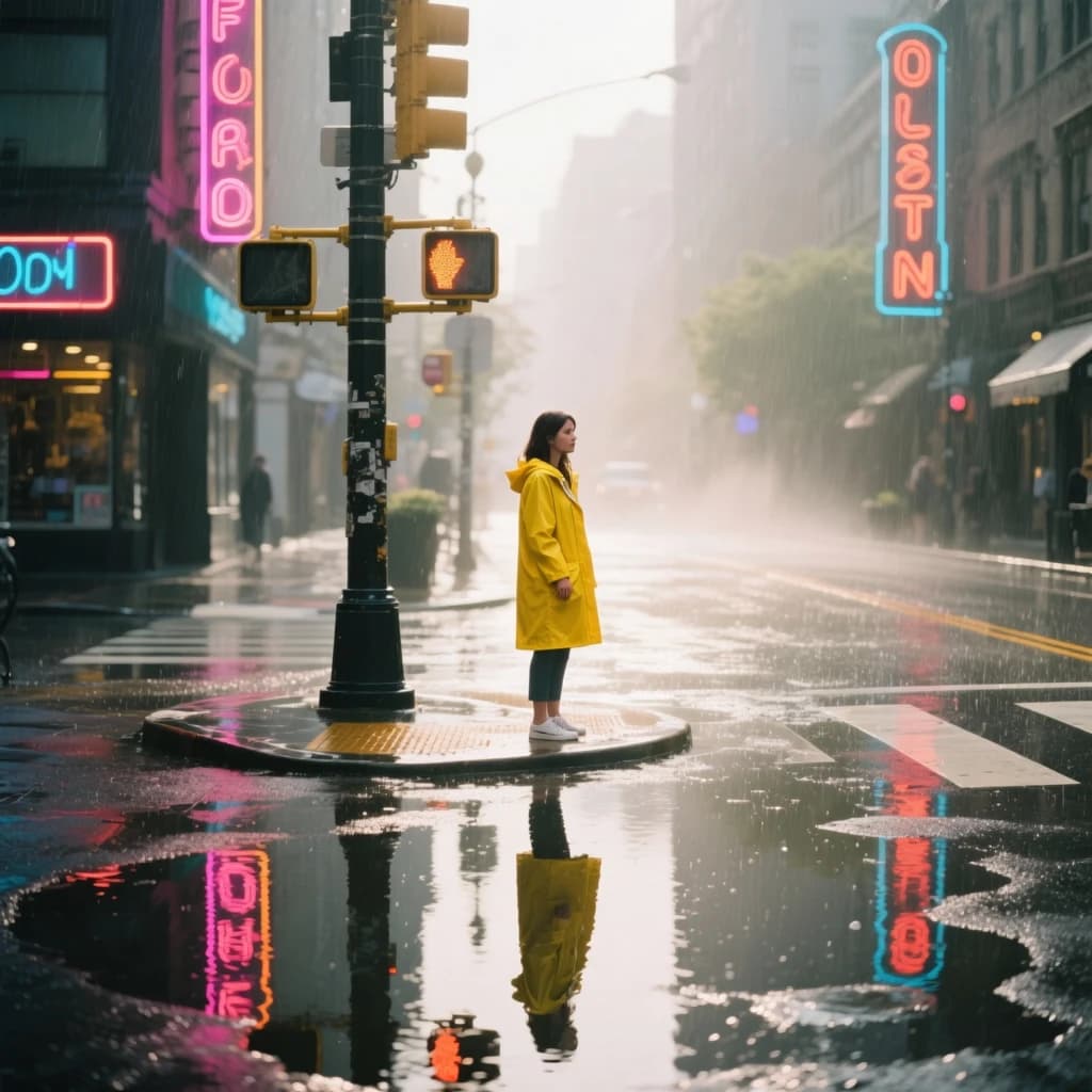 A sunlit city street after rain; puddles mirror neon signs as a woman in a yellow raincoat waits at a crosswalk, soft mist, 50mm look, natural tones, a bit of film grain.