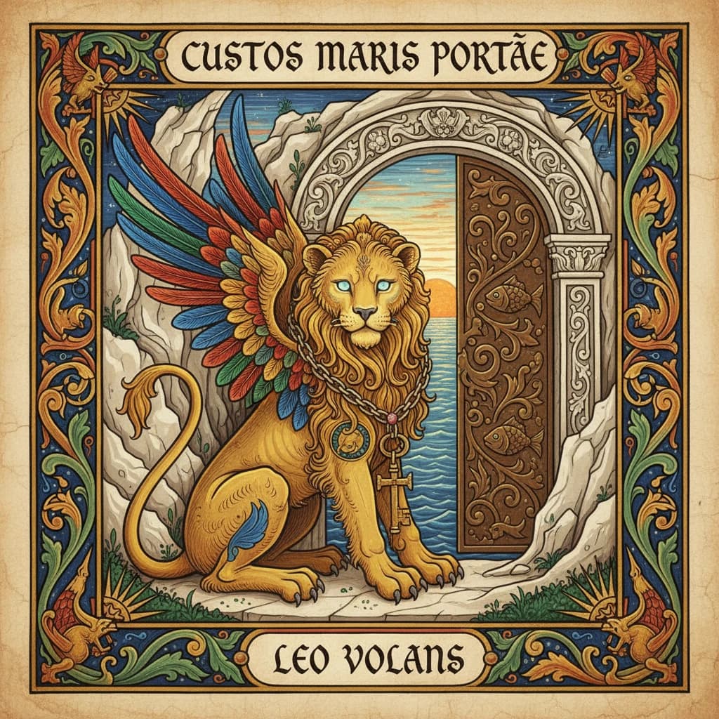 Paint an illuminated manuscript scene of a winged lion guarding a sea gate.