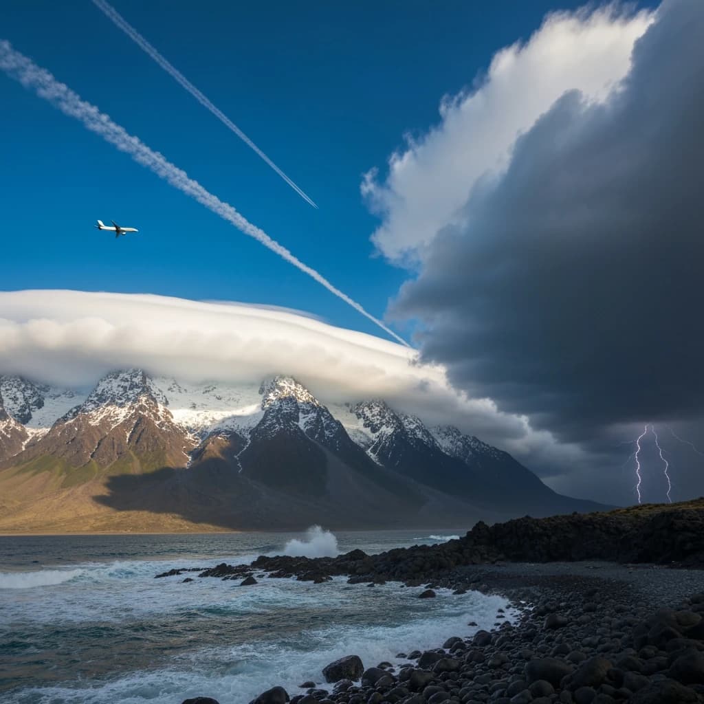 A stunning mountain vista pokes through the cloud top. Contrails from a distant airplane linger in the air. In the foreground there is a stony beach with foamy seas. A thunder storm is visibile in the distant right.