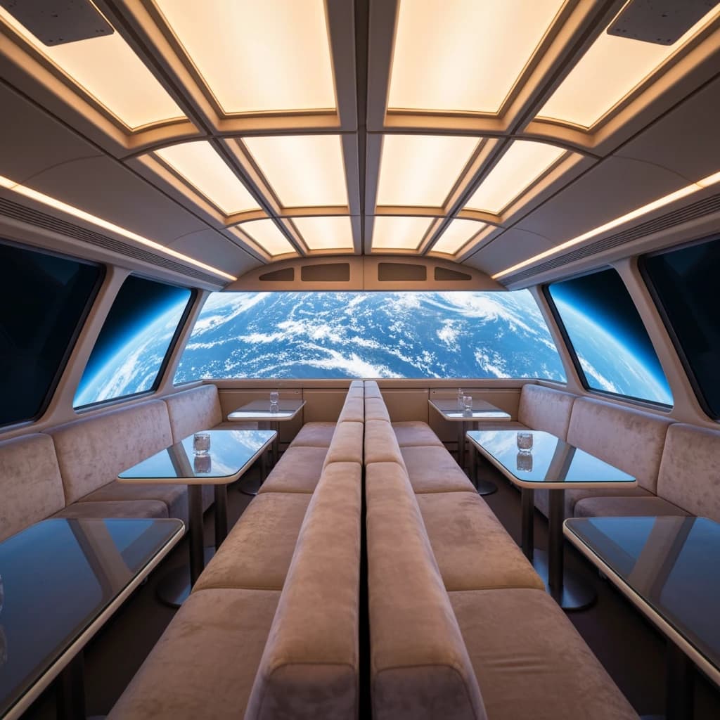 The orbital lounge has brushed aluminum walls and pale leather banquettes. Low white tables are inset with glowing touchscreens. Drinks are clear, flavorless, in tall unmarked glasses. The viewport is floor-to-ceiling, showing Earth moving slowly beneath. The word Artificial Analysis is etched discreetly on the glass in a frosted band.