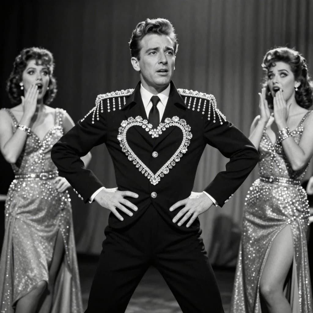 An archival image from 1953 of the rock singer swinging his hips on the stage while glamorous back up singers feign shock at his gyrations! He wears a diamond encrusted jacket with the stones arranged in the shape of a heart