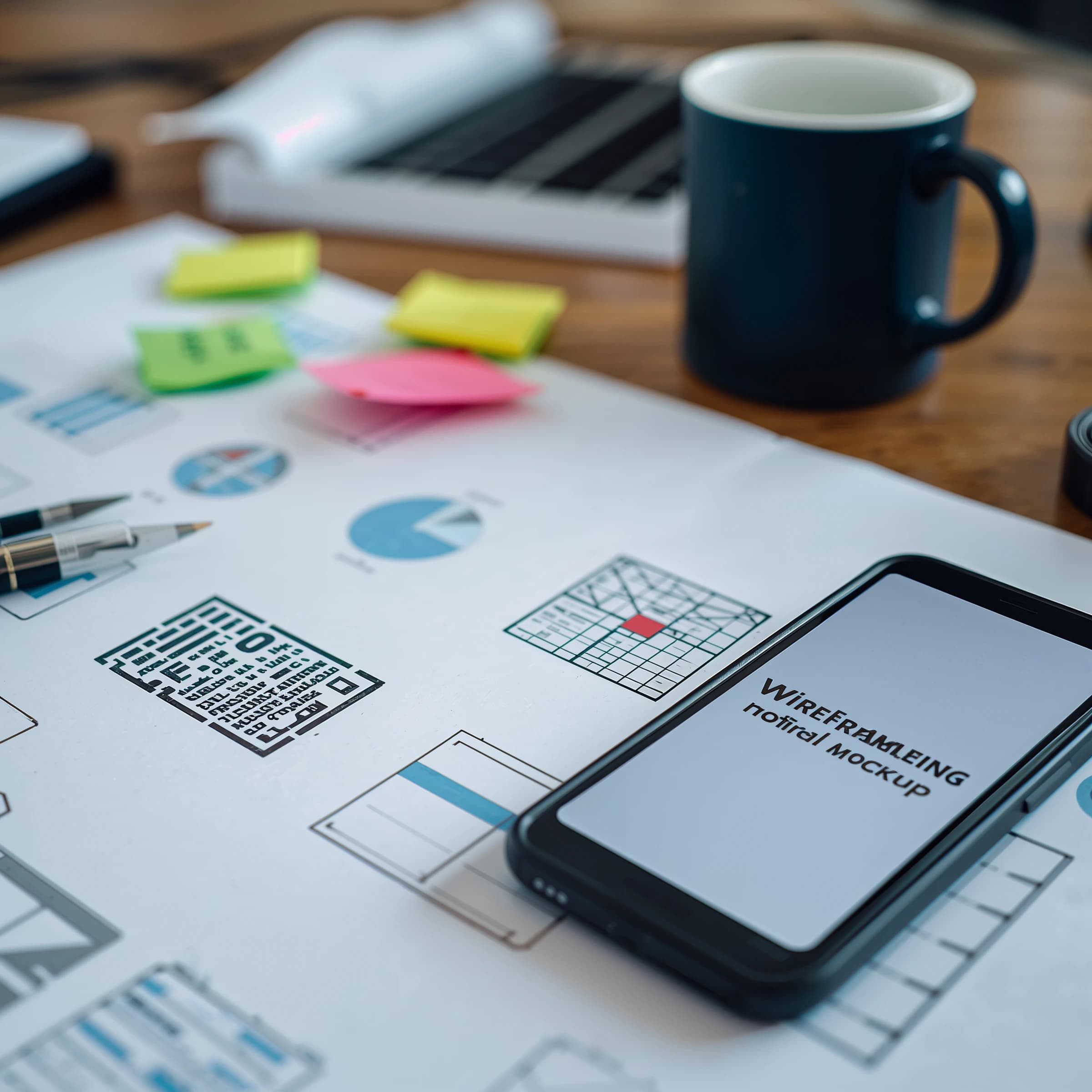 Close-up photo shows a messy desk, wireframes, sticky notes, mobile mockup, mug.