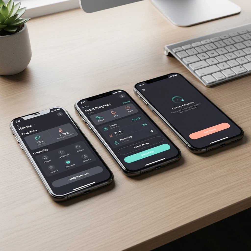 Sleek mobile fitness app screens on a desk: dark mode home, progress dashboard, simple onboarding, clear 8 pt grid, slightly oversized buttons for thumb reach, muted colors.