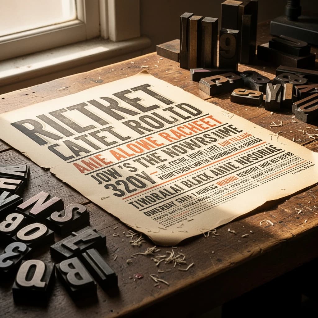 A vintage letterpress poster on a wooden desk: bold slab serif headline, tight kerning, misregistered ink, slightly worn edges, scattered metal type, soft window light.