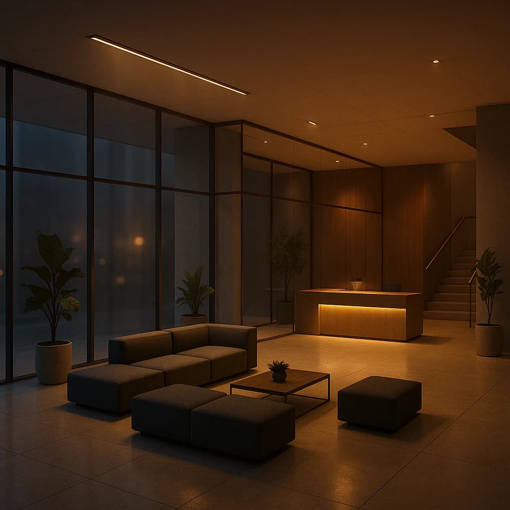 Isometric 3D lobby, glass walls, warm lights, slightly moody, soft shadows.