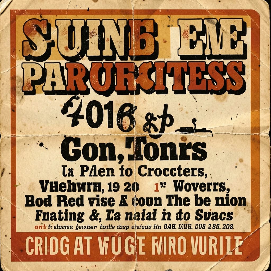 Make a 1960s concert poster featuring bold wood type, misaligned ink, creases.