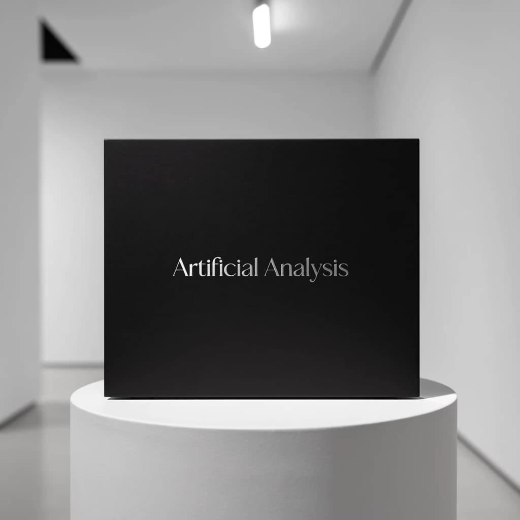A premium matte black laptop-sized box rests on a pure white pedestal within a gallery space. Overhead, a single spotlight carves sharp contrast, leaving the edges in deep shadow. The brand name Artificial Analysis is embossed in silver foil, glinting faintly as though it were jewelry.