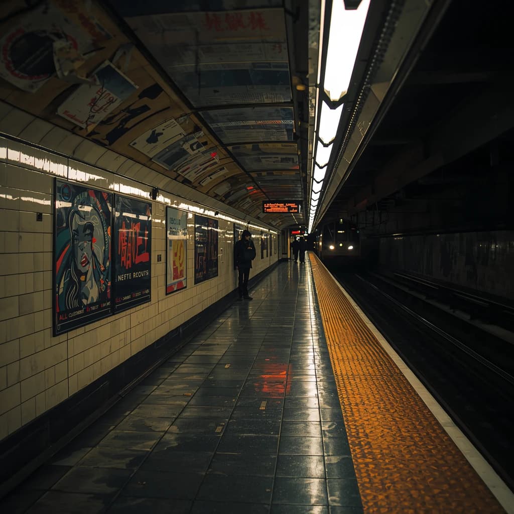 A subterranean subway platform with glossy tiles, peeling posters, flickering fluorescent lights, yellow safety line, and a distant train coming; slightly damp, echoes carry.