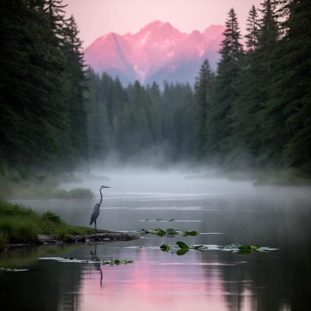 With pre-dawn mist along a cedar forest river and glassy water dotted with lily pads, distant mountains blush pink, and a heron stands still like it forgot what to do next.