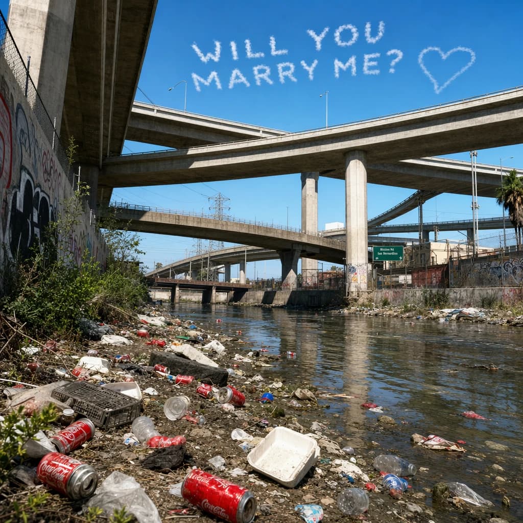 Red soda cans and other garbage sit strewn across the bank of an urban river only a few metres wide. Concrete overpasses criss cross overhead on a bright and sunny day. Fading skywriting proposes marriage