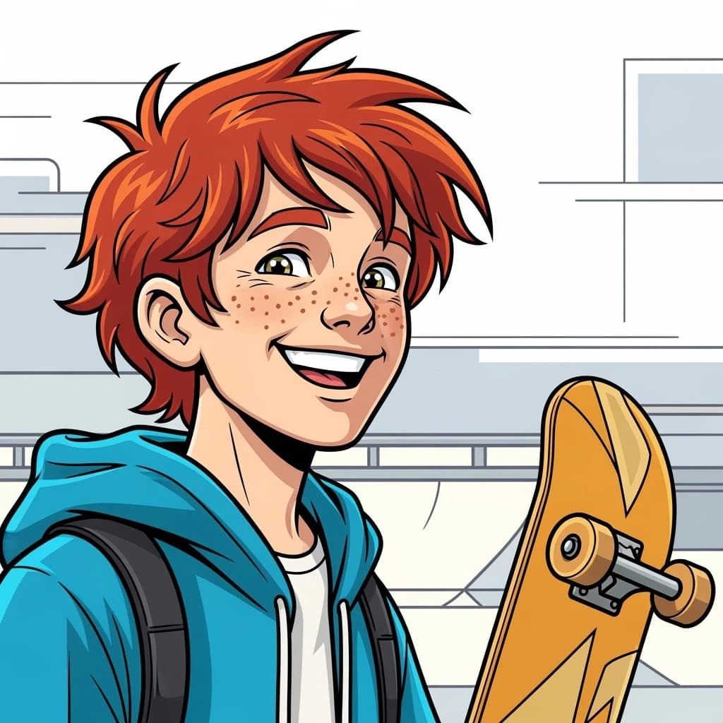 A cel-shaded portrait of a freckled skateboarder, messy red hair, bright grin.