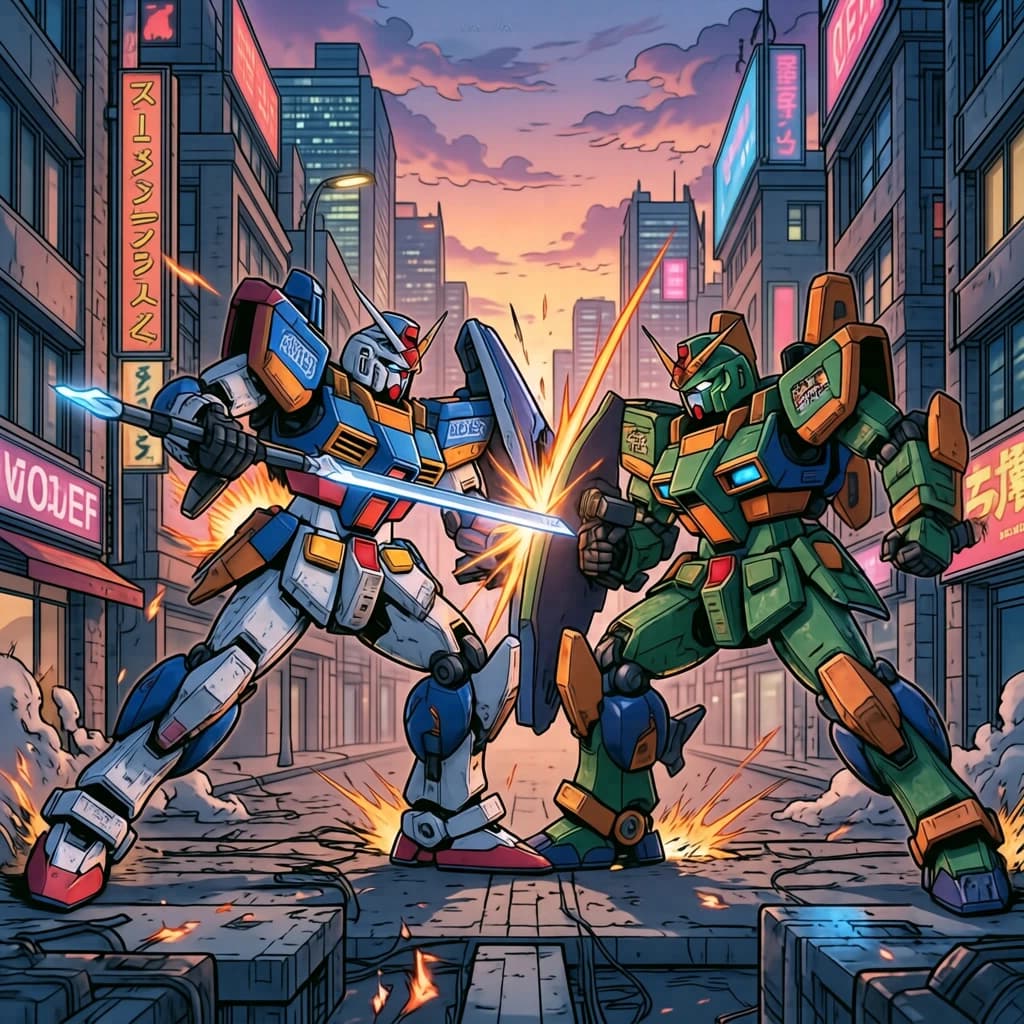 Make a cel-shaded mecha duel at dusk downtown.