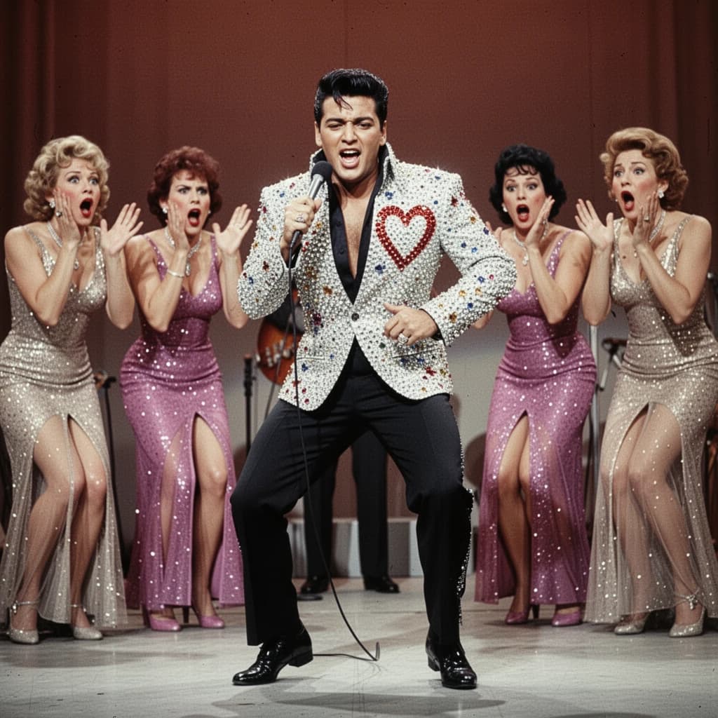 An archival image from 1953 of the rock singer swinging his hips on the stage while glamorous back up singers feign shock at his gyrations! He wears a diamond encrusted jacket with the stones arranged in the shape of a heart