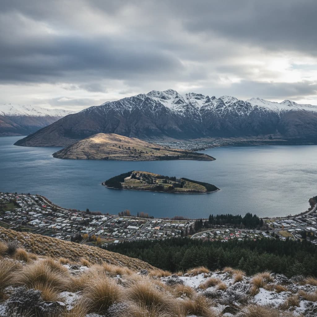 Queenstown's Lake Wakatipu, viewed from the top of Queenstown Hill after a snowstorm just dusted the top of Cecil's Peak