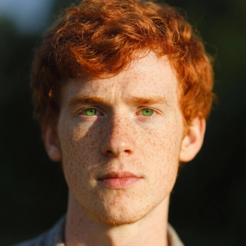 Shoot a natural light headshot of a red-haired man with freckles, green eyes.
