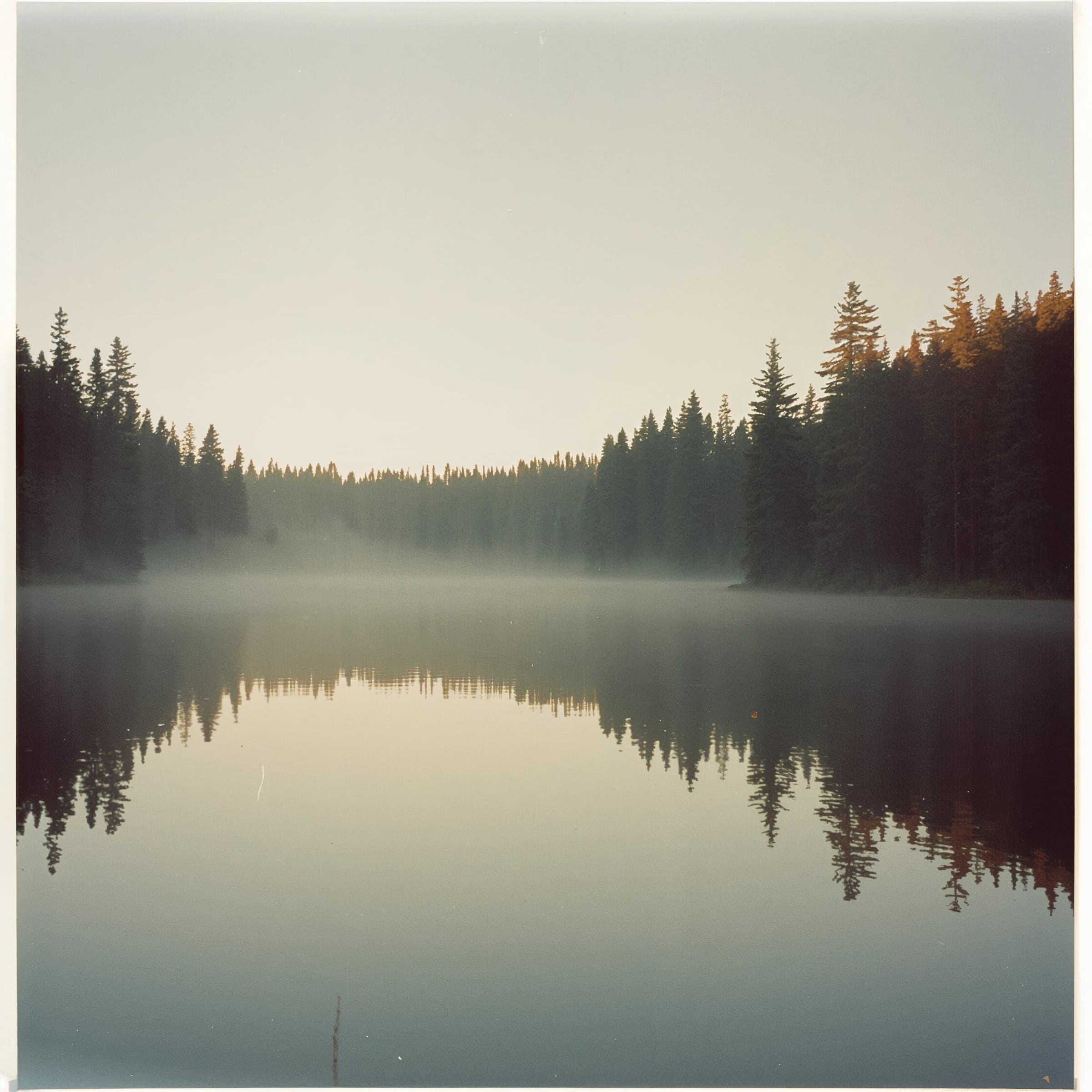 Give me a faded postcard of a misty pine lake at dawn, light leaks, film grain.