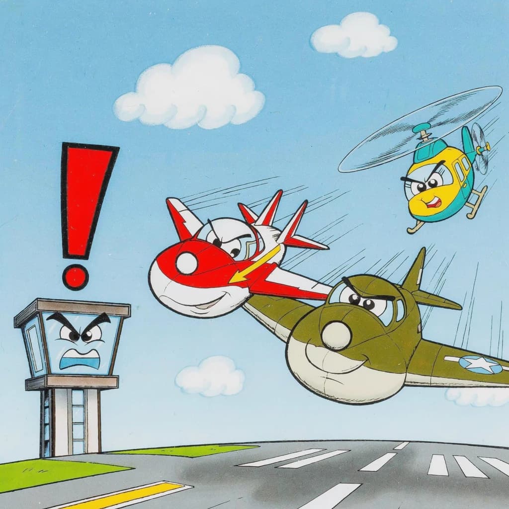 Almost at the runway, Fred the Fighter Jet is racing with Barry the Bomber to see who lands first. Fred has a mischievous trick up his sleeve but Hermione the Helicopter is going to stop him before he gets the chance. The control tower is very angry and has a big exclamation mark. Hand drawn cel look