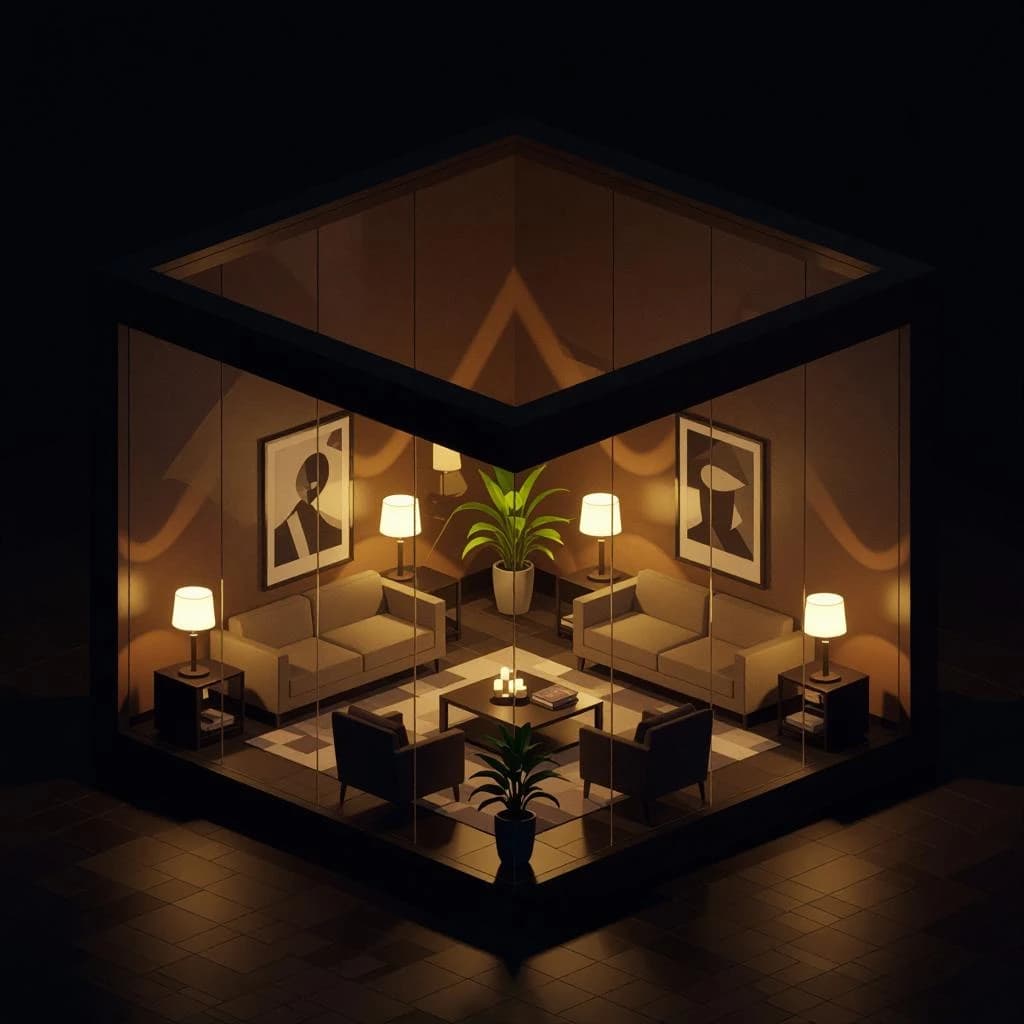 Isometric 3D lobby, glass walls, warm lights, slightly moody, soft shadows.