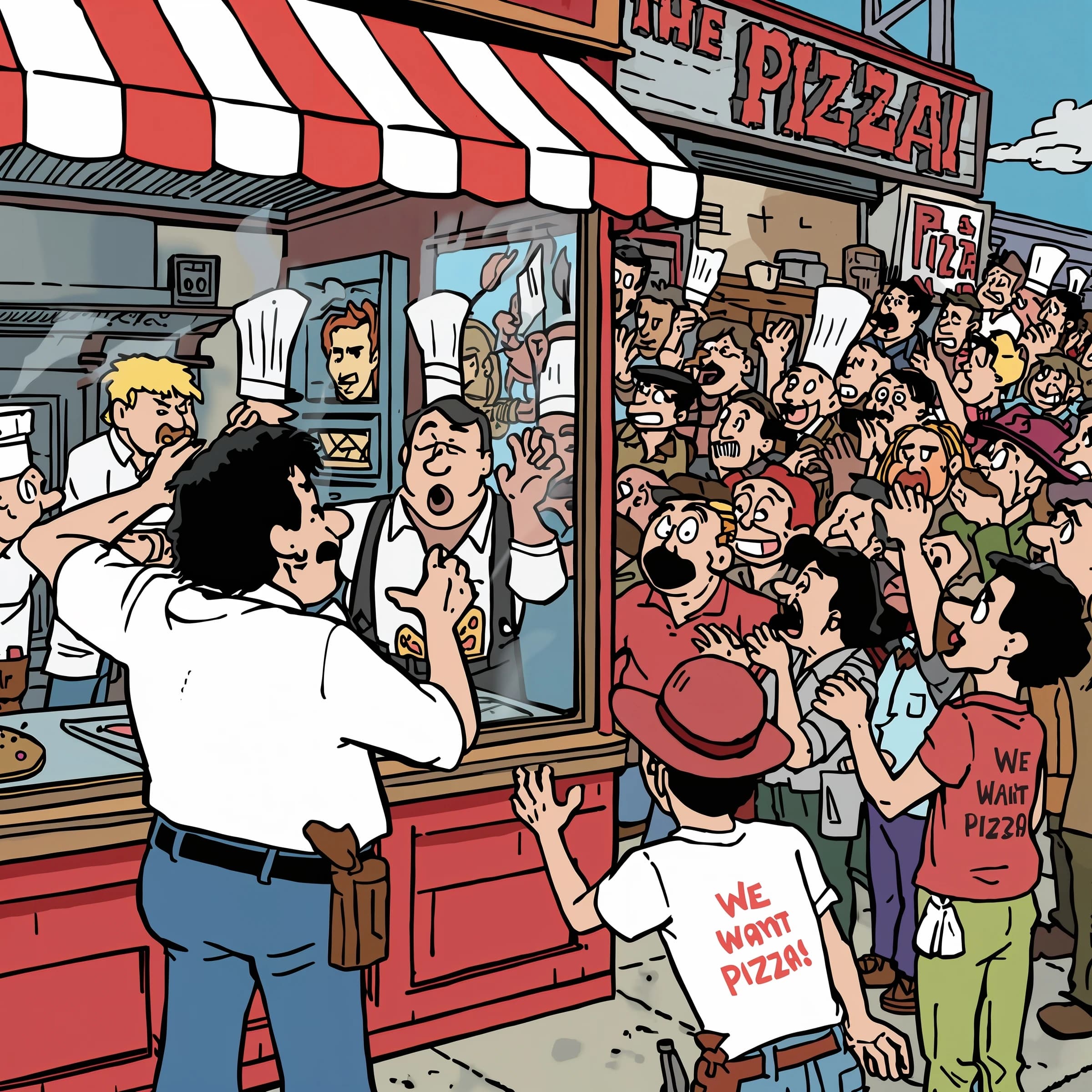 Pasquale is pulling his few remaining hairs out over a disaster at the pizzeria - the cooks are working as fast as they can but the crowds outside are swelling and they demand hot hot pizza! They are banging on the glass and some are wearing "we want pizza" shirts. 1980s western TV animation style.