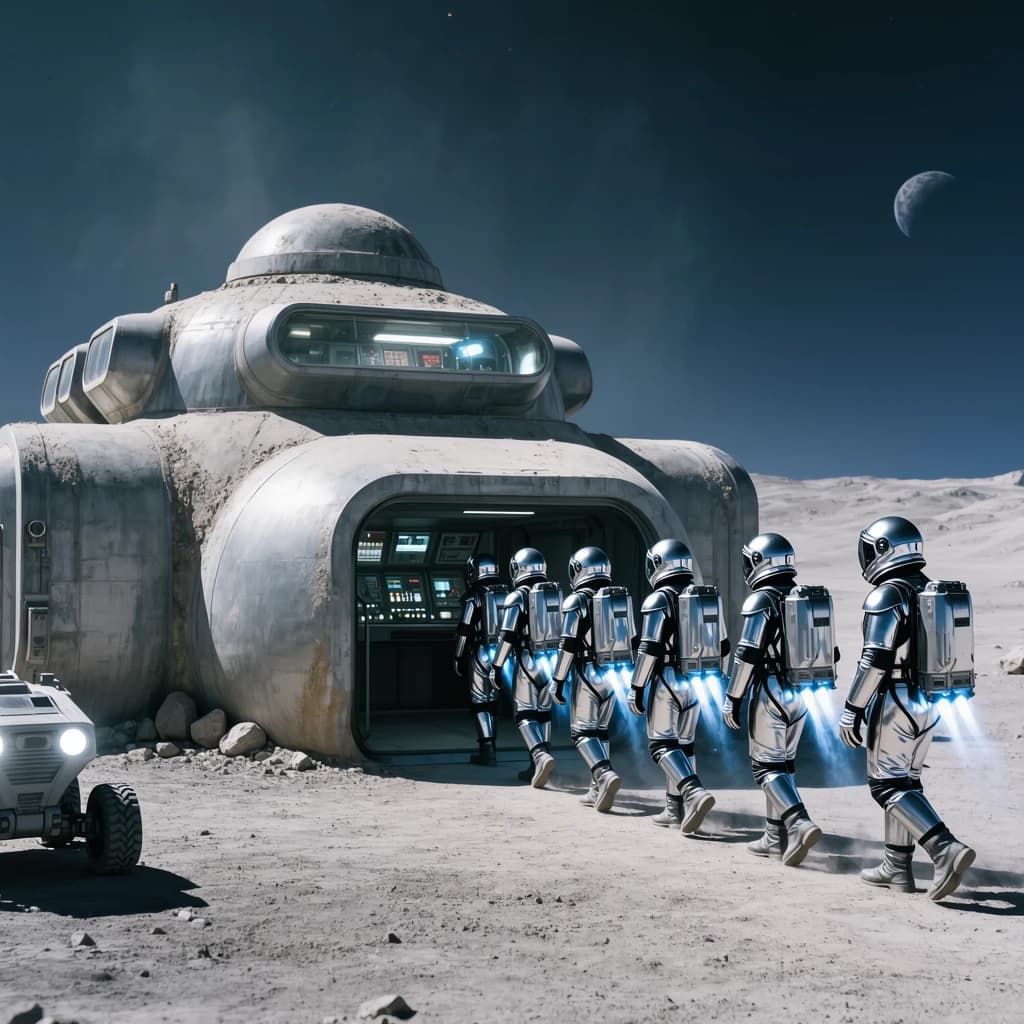 Silver exosuits queue at a dusty lunar checkpoint.