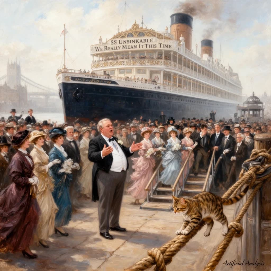 An impressionistic painting of the mighty steamer the "SS Unsinkable We Really Mean It This Time" on a cloudy but bright London morning about to set out on her maiden voyage. A jubilant crowd is gathered on the dock around the paunchy mayor who is making a speech, gesticulating wildly with his hands. The gangways are busy with well heeled ladies and gentlemen making their way onto the ship. A cheeky cat hangs over the water, clinging to the mooring rope after an ill-fated attempt to climb up. The artist has signed his name "Artificial Analysis" in the bottom corner