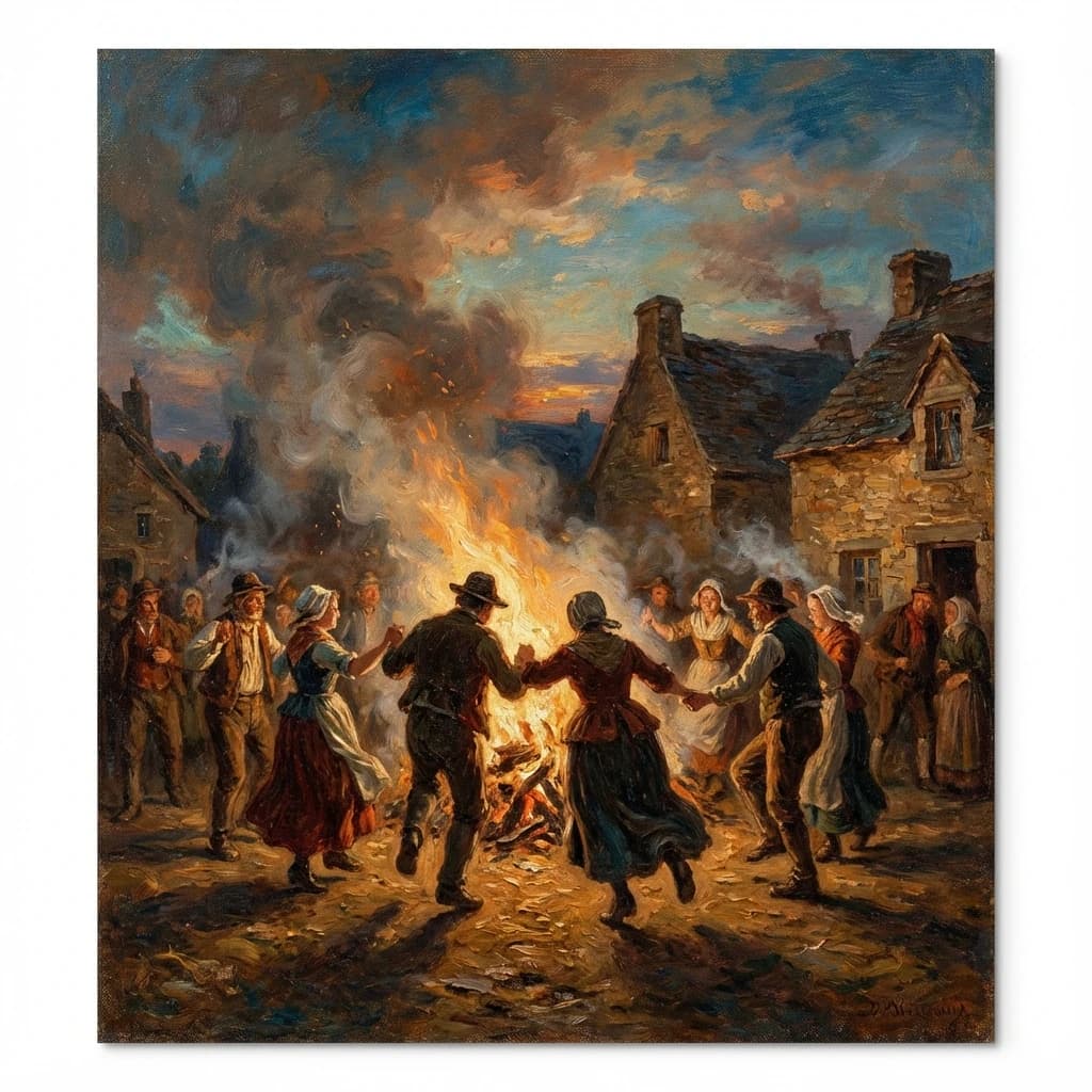 Make an oil painting of villagers dancing by a bonfire at dusk, a bit smoky.