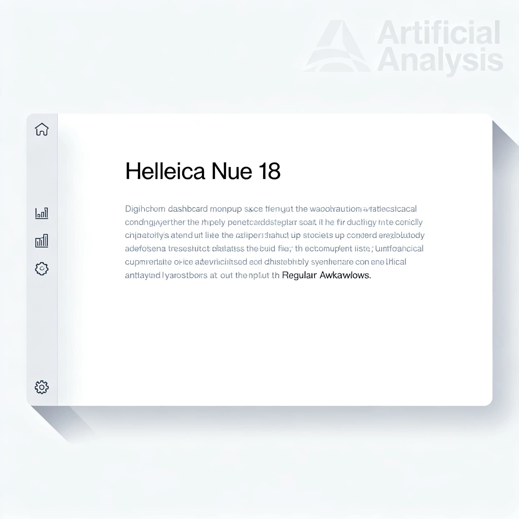On a high-resolution dashboard mockup with a clean white background, display a centered text module in Helvetica Neue Regular, 18pt, black: “Artificial Analysis provides benchmarking and related information to support people & organizations in choosing the right model for their use-case and which provider to use for that model.” The text box is justified, but the final word wraps awkwardly onto its own line. To the left, a vertical navigation bar in light gray with three icons - home, chart, and settings - aligned evenly but casting misaligned shadows. In the upper right, the Artificial Analysis logo appears faintly, semi-transparent, watermarked over the corner of the interface.