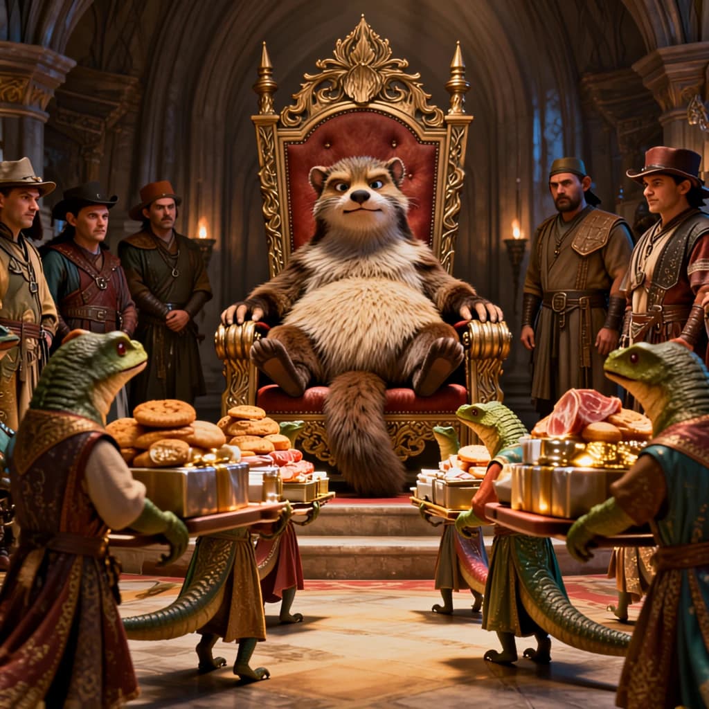 Big Weasel, the tyrannical ruler of the Levitus, slouches on his throne, his mood foul but somewhat brightened by the sight of gifts - a wearisome group of lizard traders adorned in fine silks proceed toward him through the hall with their annual tribute of biscuits, ham and gold - Big Weasel's favourites. Big Weasel's entourage looks on with stern approval.