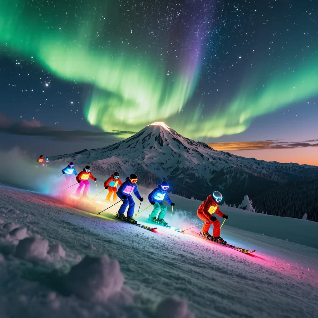 Coronet Peak Night Skiing: Skiers in colorful LED suits carve their way down the slopes of New Zealand's Coronet Peak under the Aurora Borealis, the skiers' light trails visible behind them