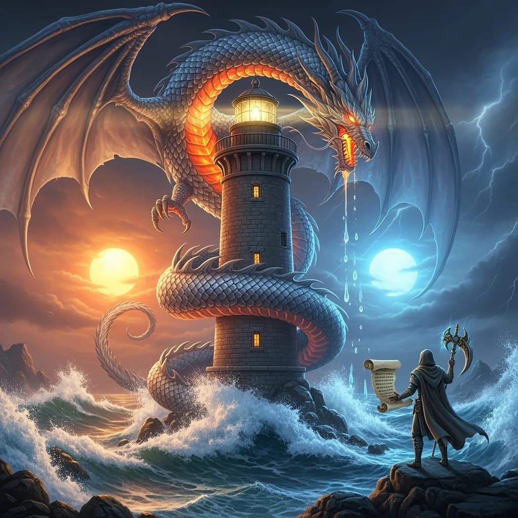 A dragon of molten silver coils around a lighthouse. The storming sea below crashes upward in frozen stillness, as though caught mid-motion. The dragon’s molten eyes drip tears of ice. On the horizon, two suns set next to each other, casting orange light on one side of the tower and blue on the other. A cloaked traveler carries an ancient weapon in his left hand and a scroll in his right.