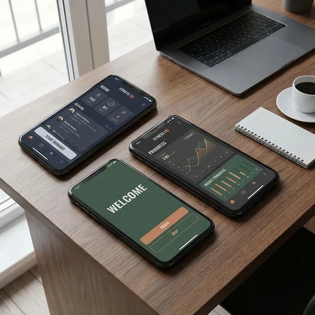 Sleek mobile fitness app screens on a desk: dark mode home, progress dashboard, simple onboarding, clear 8 pt grid, slightly oversized buttons for thumb reach, muted colors.