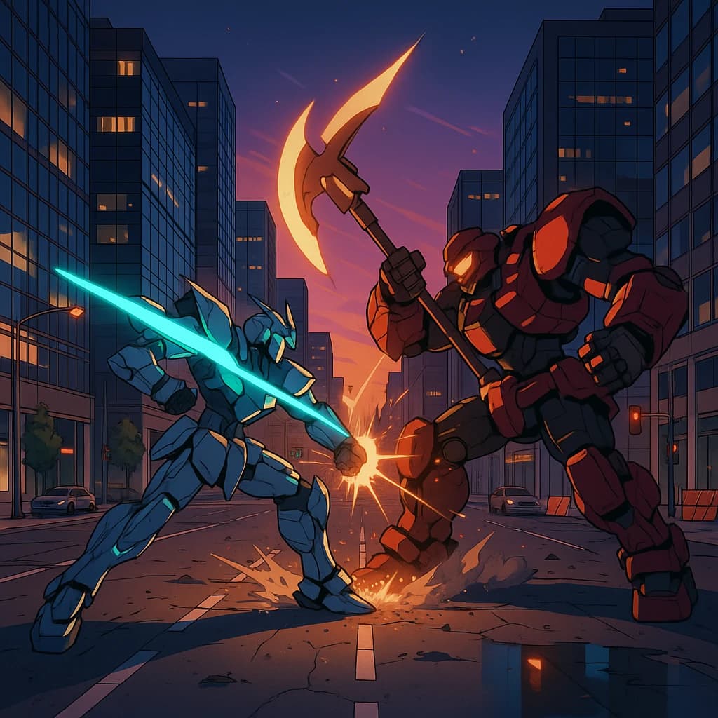 Make a cel-shaded mecha duel at dusk downtown.