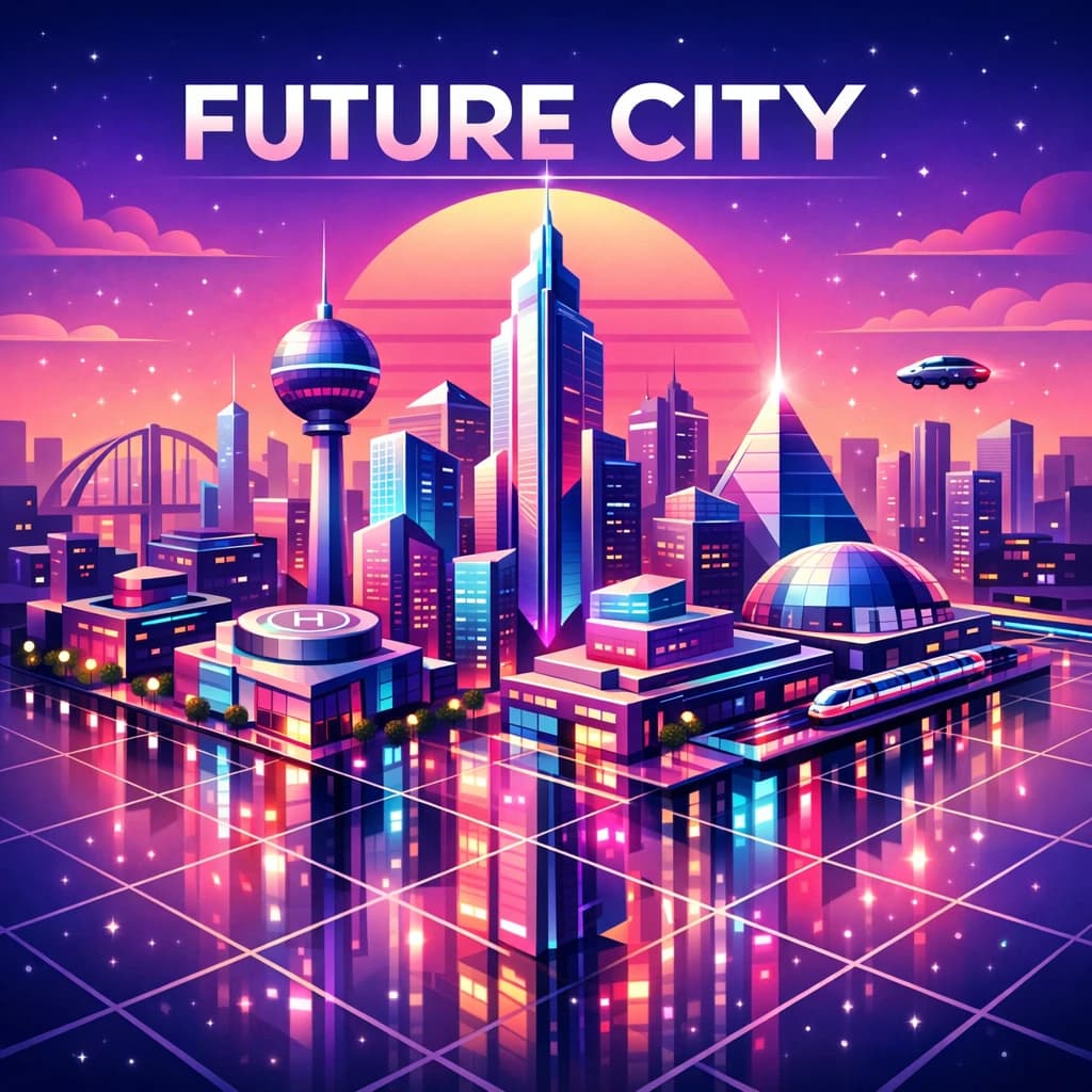Render an isometric city poster with geometric buildings, neon gradients, gloss highlights, soft AO shadows, clean sans-serif lettering, grid layout, reflections a bit overexposed.