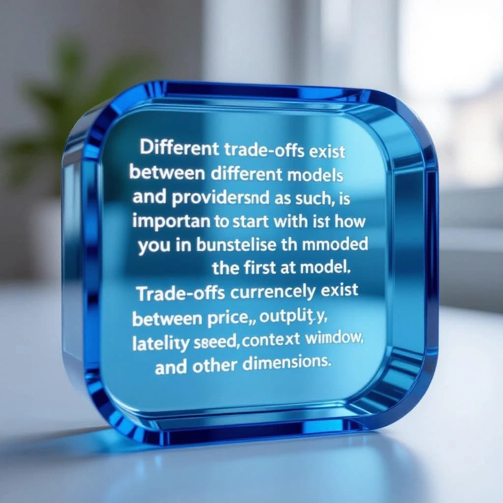 In a clear transparent blue glassy rounded box, etch "Different trade offs exist between different models and providers and as such, it is important to start with how you intend to use the model as the first step. Trade-offs exist currently between model quality, price, output speed, latency, context window & other dimensions. " in sans serif medium weight text. Artificial Analysis is watermarked over the top right 