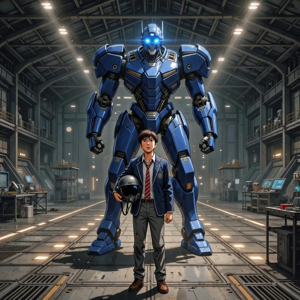 A teenage pilot grips his helmet under one arm, standing at the edge of a glowing hangar bay. Before him looms a sleek, steel-blue mech, its eyes lit with a cold electric glare. His school uniform is rumpled, a sharp contrast to the machine’s flawless plating. The vast scale engulfs him in shadow, emphasizing both awe and dread. Hand-drawn anime style.