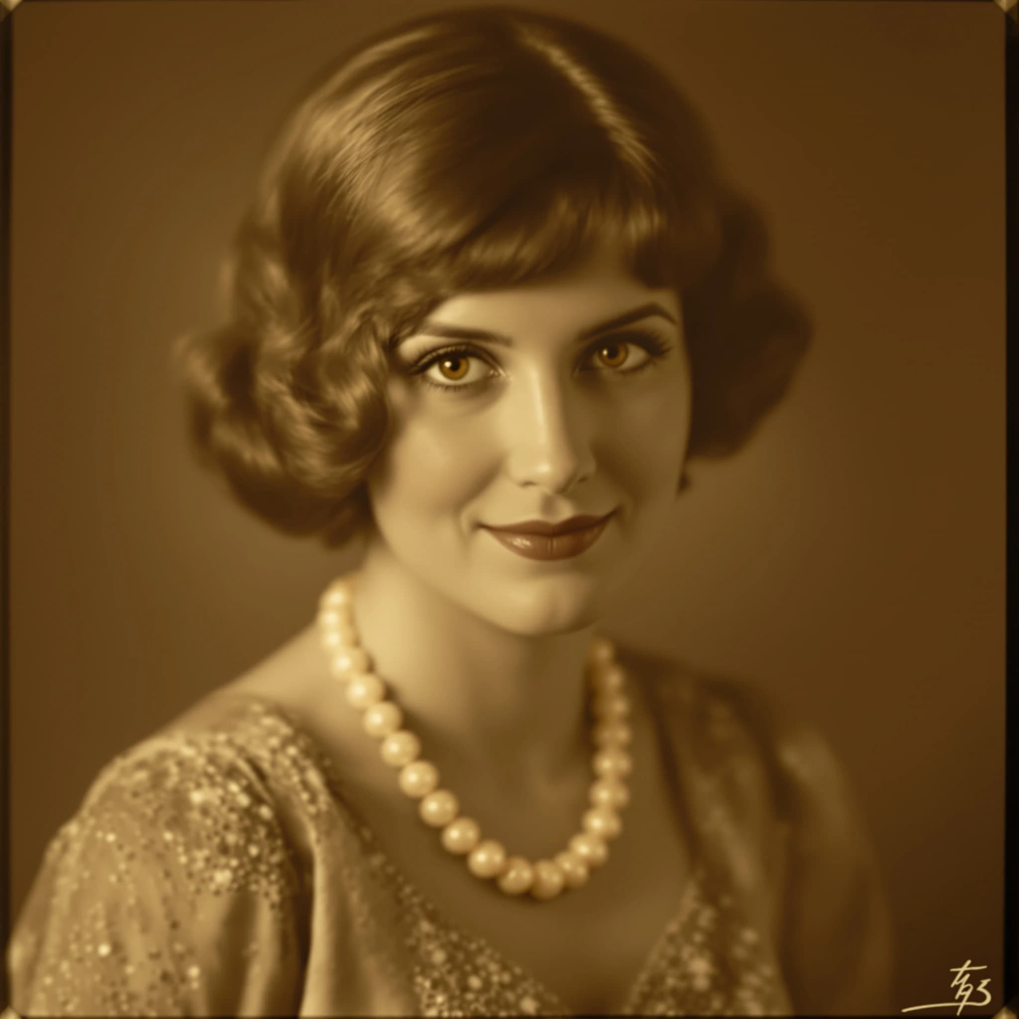 Sepia-toned studio portrait of a flapper with pearl necklace, soft grain.