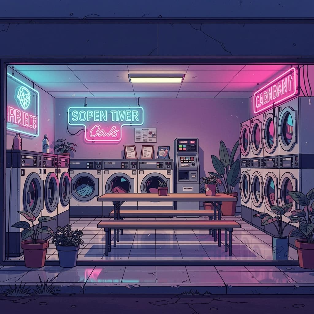 A cozy laundromat at dusk, neon humming, flat colors, bold inked lines.