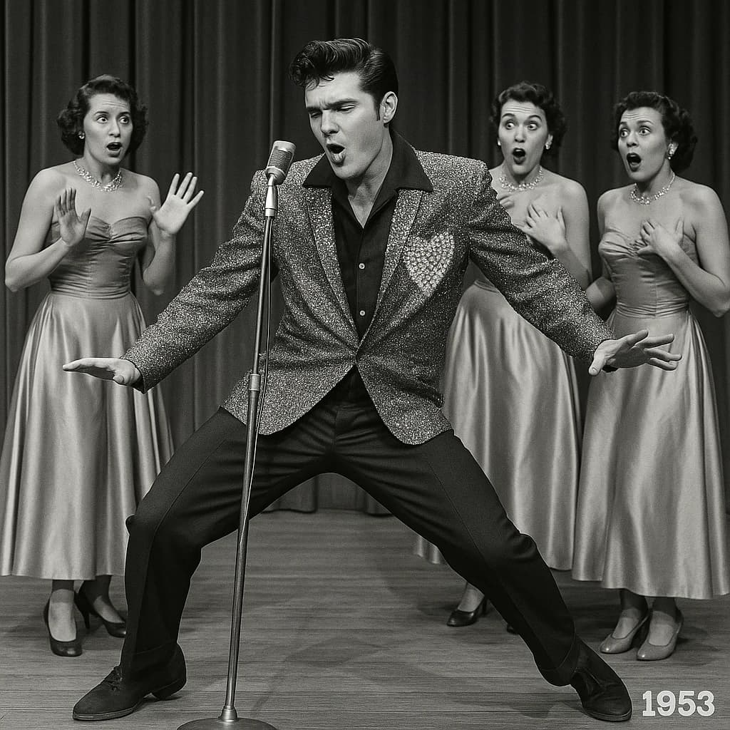 An archival image from 1953 of the rock singer swinging his hips on the stage while glamorous back up singers feign shock at his gyrations! He wears a diamond encrusted jacket with the stones arranged in the shape of a heart