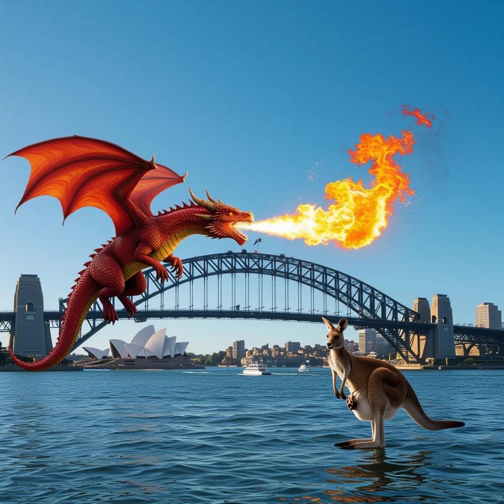 A dragon breathes fire at a kangaroo that is running away by climbing over the top of the Sydney Harbour Bridge. Opera House visible in the background.